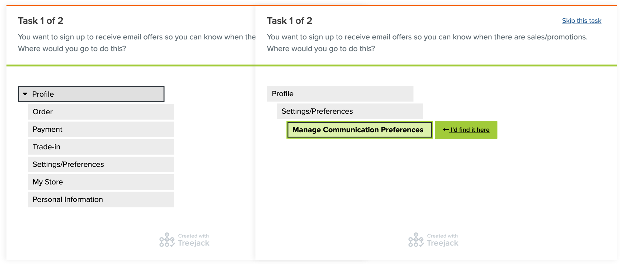 Screenshot of Treejack card-sorting study